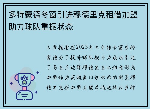多特蒙德冬窗引进穆德里克租借加盟助力球队重振状态 多特蒙德冬窗引进穆德里克租借加盟助力球队重振状态